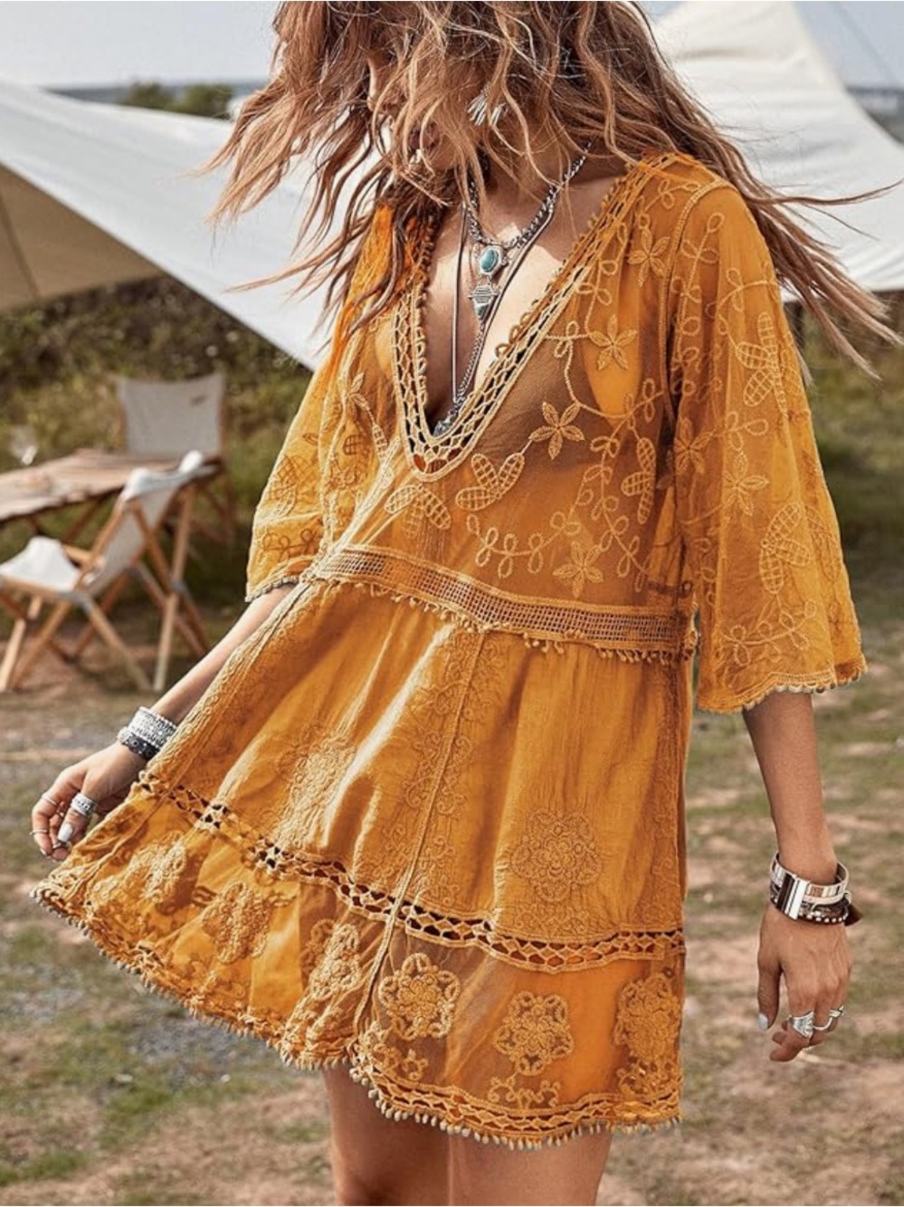 Chic Nation Mustard Yellow Embroidered Boho Mini Dress